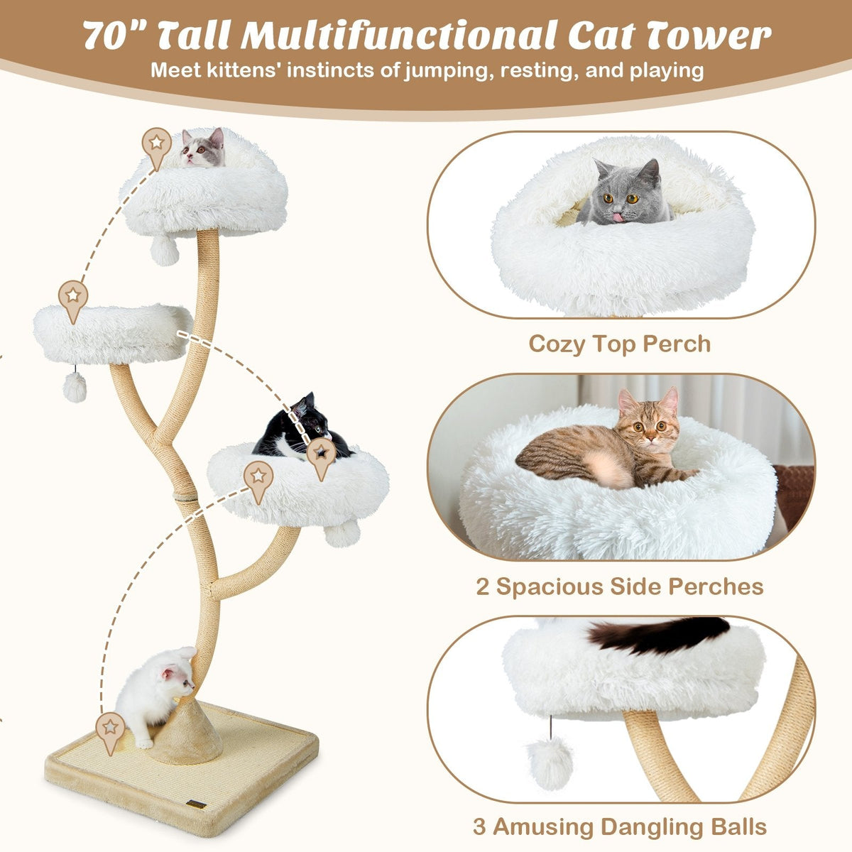 70 Inch Metal Framed Cat Tree with Three Cloud Perches and a Sisal Base Board