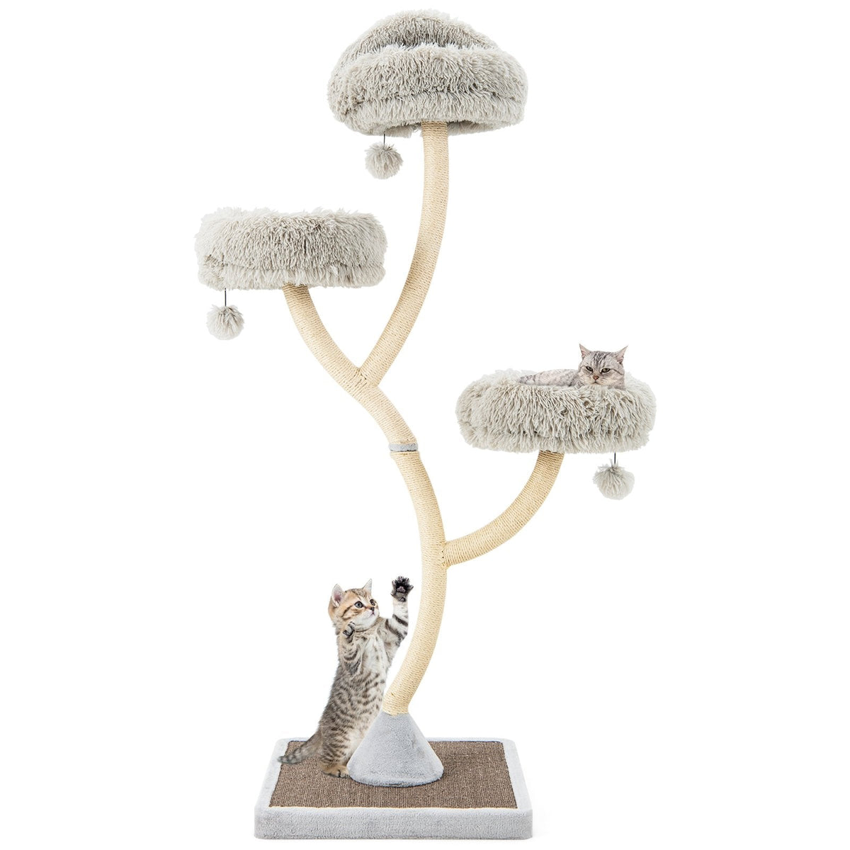 70 Inch Grey Cat Tree on a Curved Metal Frame with Three Round Perches