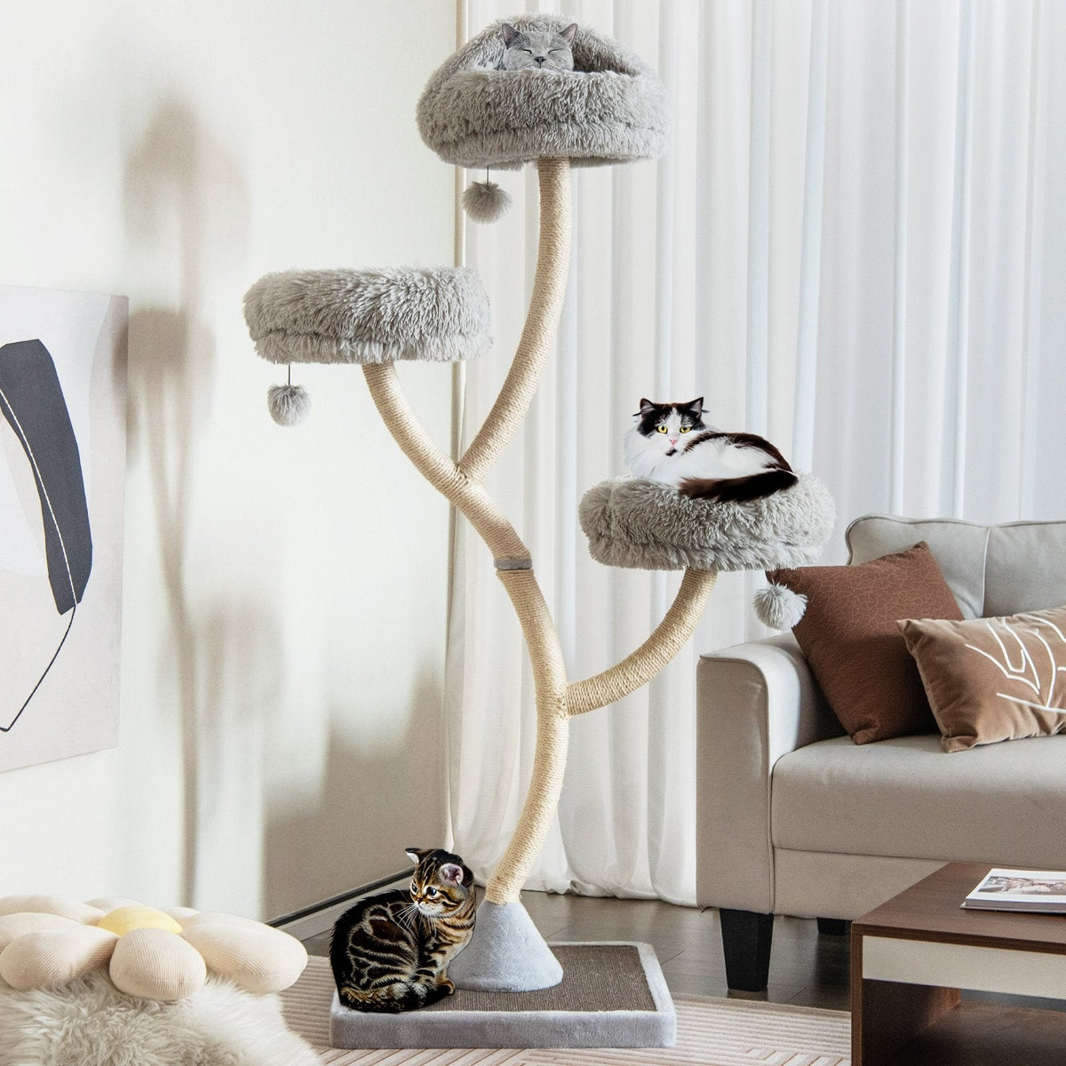 70 Inch Grey Cat Tree on a Curved Metal Frame with Three Round Perches