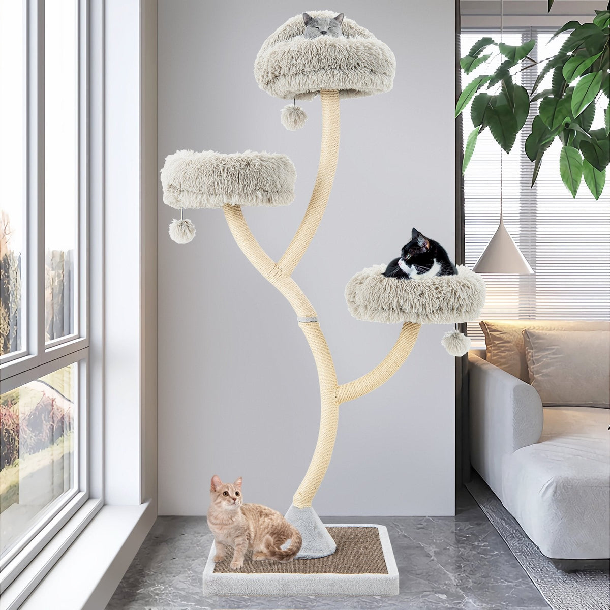 70 Inch Grey Cat Tree on a Curved Metal Frame with Three Round Perches