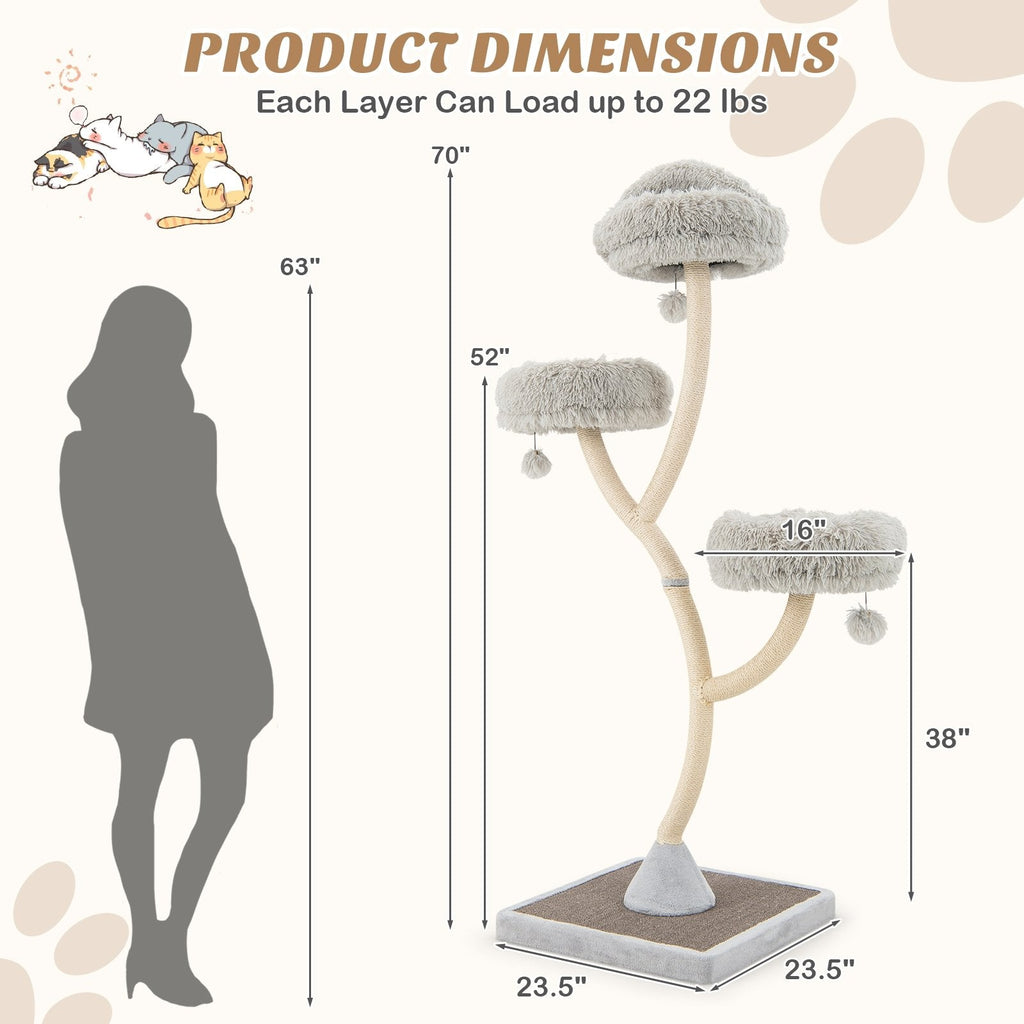 70 Inch Grey Cat Tree on a Curved Metal Frame with Three Round Perches