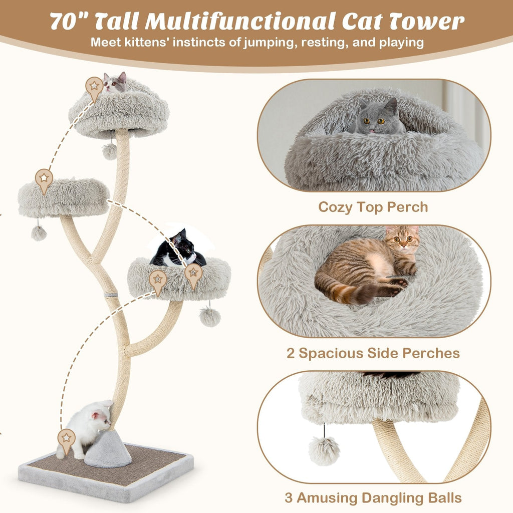 70 Inch Grey Cat Tree on a Curved Metal Frame with Three Round Perches