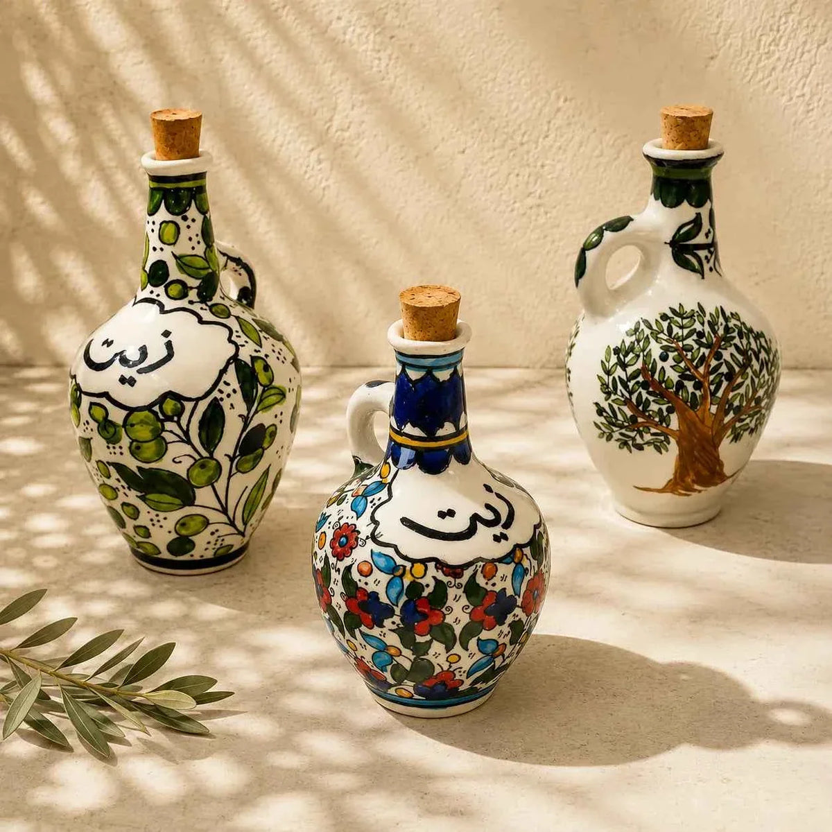 Handmade Ceramic Olive Oil Jug / Oil Dispenser – Zatoun, Olive Tree & Colorful 4.5 × 8 in