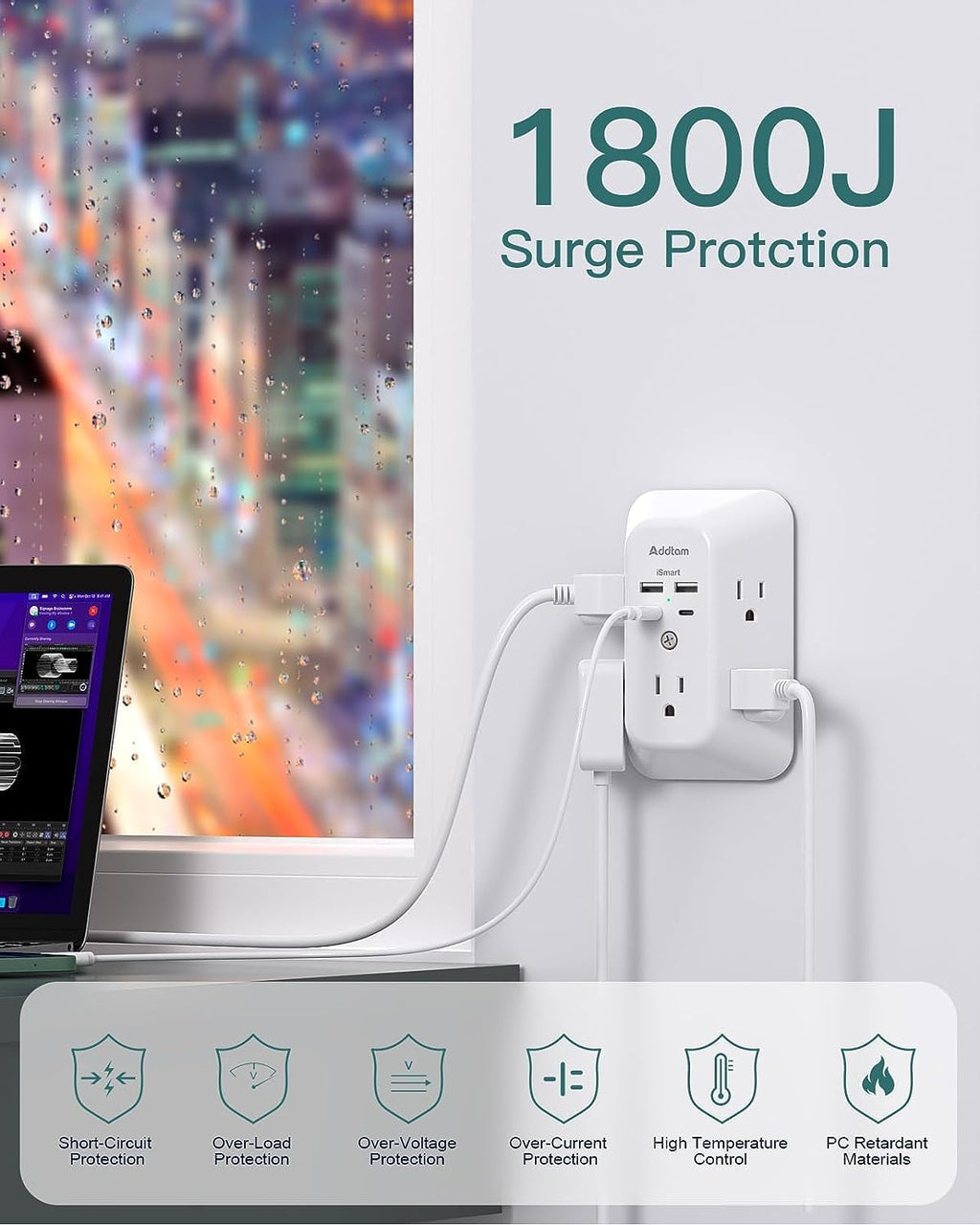 Regleta de alimentación USB con protector contra sobretensiones, 5 enchufes, 4 puertos USB, 1800J, para el hogar y la oficina