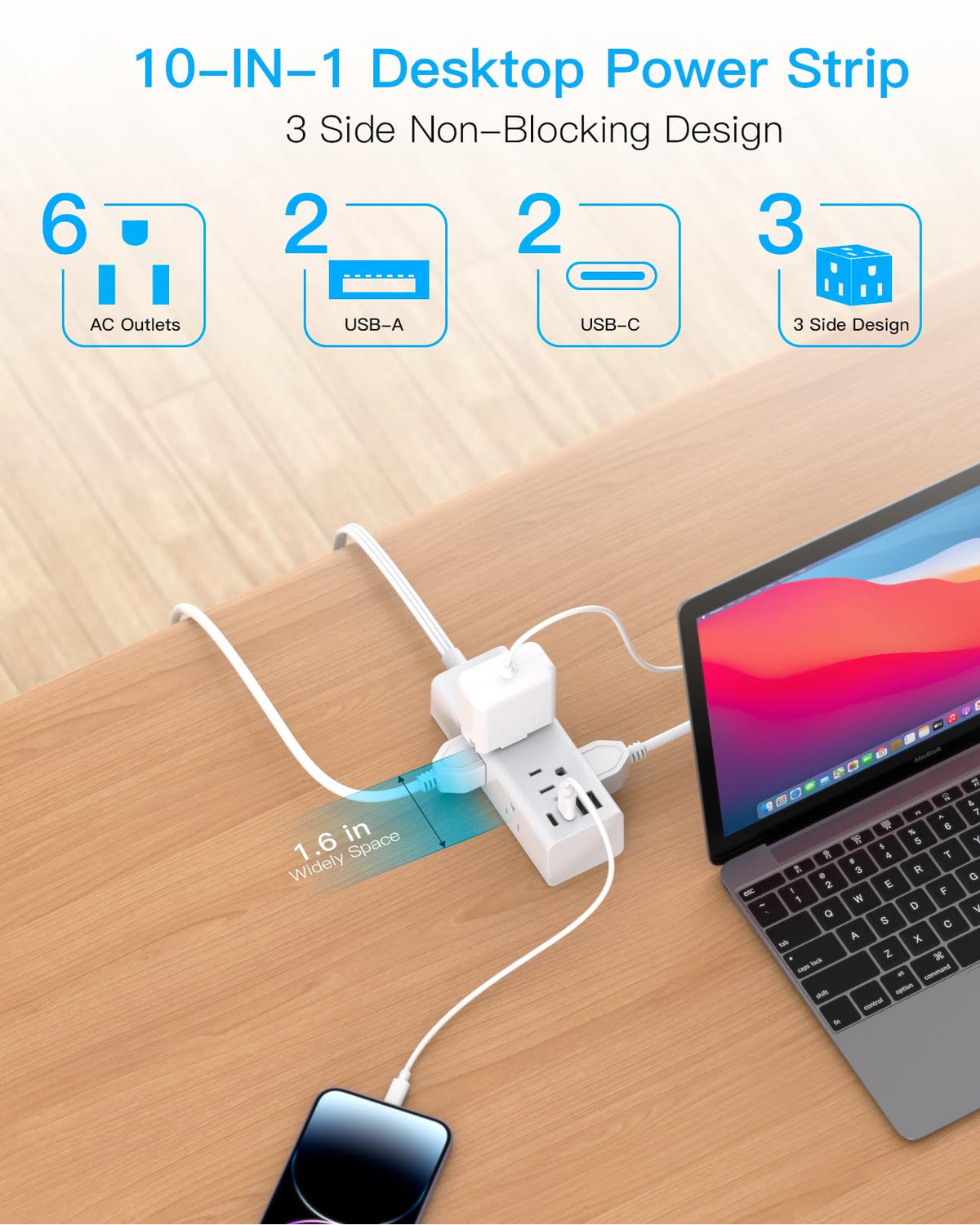 10FT Extension Cord Indoor, Power Bars with Surge Protector, Flat Plug Long Cord 6 Outlet 4 USB Ports (2 USB C) for Home, College, Dorm Room Essentials 🍁 All In One Marketplace Canada