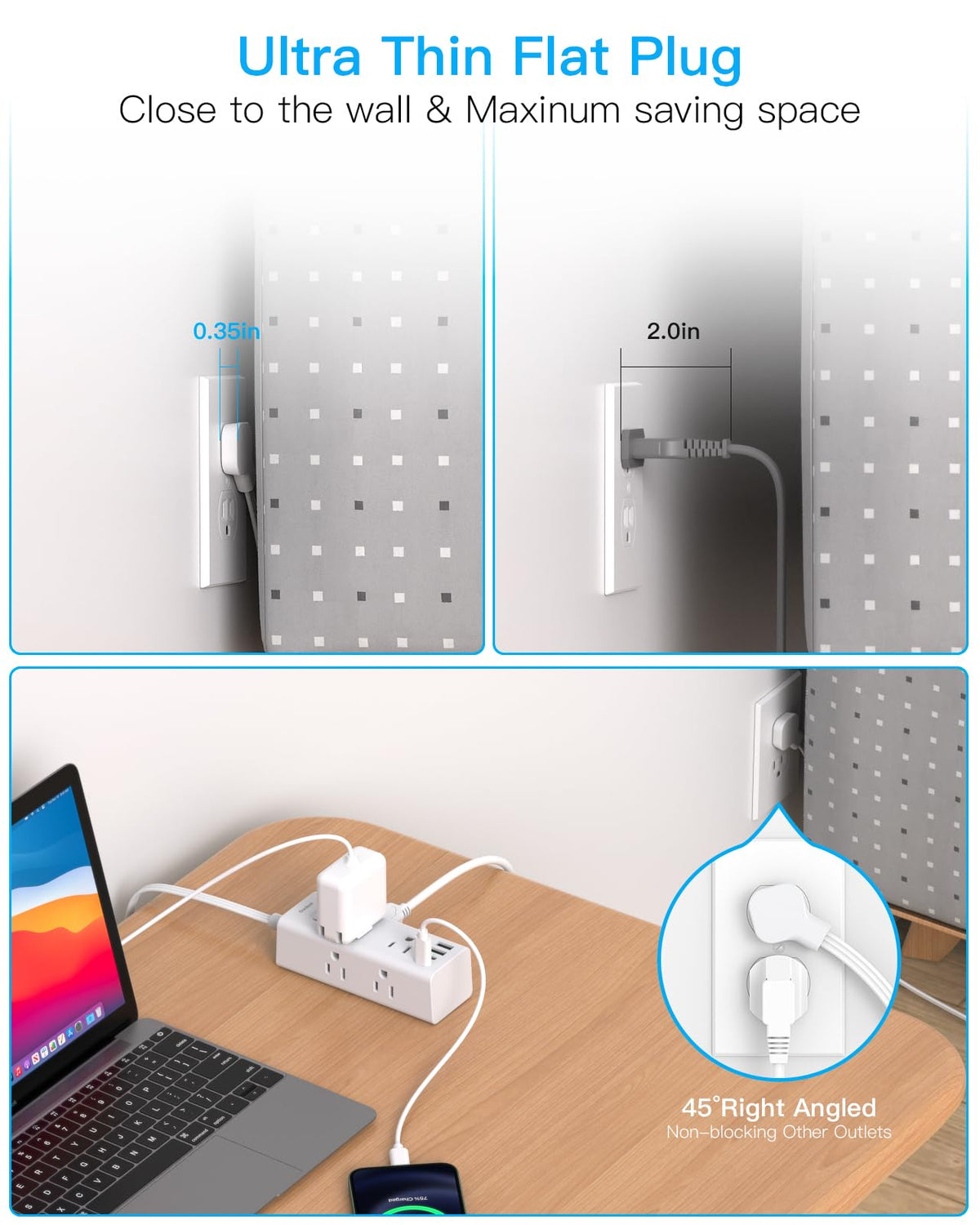 10FT Extension Cord Indoor, Power Bars with Surge Protector, Flat Plug Long Cord 6 Outlet 4 USB Ports (2 USB C) for Home, College, Dorm Room Essentials 🍁 All In One Marketplace Canada