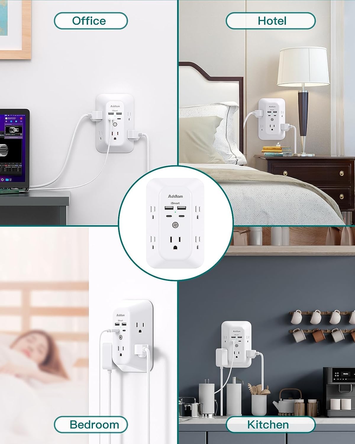 Regleta de alimentación USB con protector contra sobretensiones, 5 enchufes, 4 puertos USB, 1800J, para el hogar y la oficina