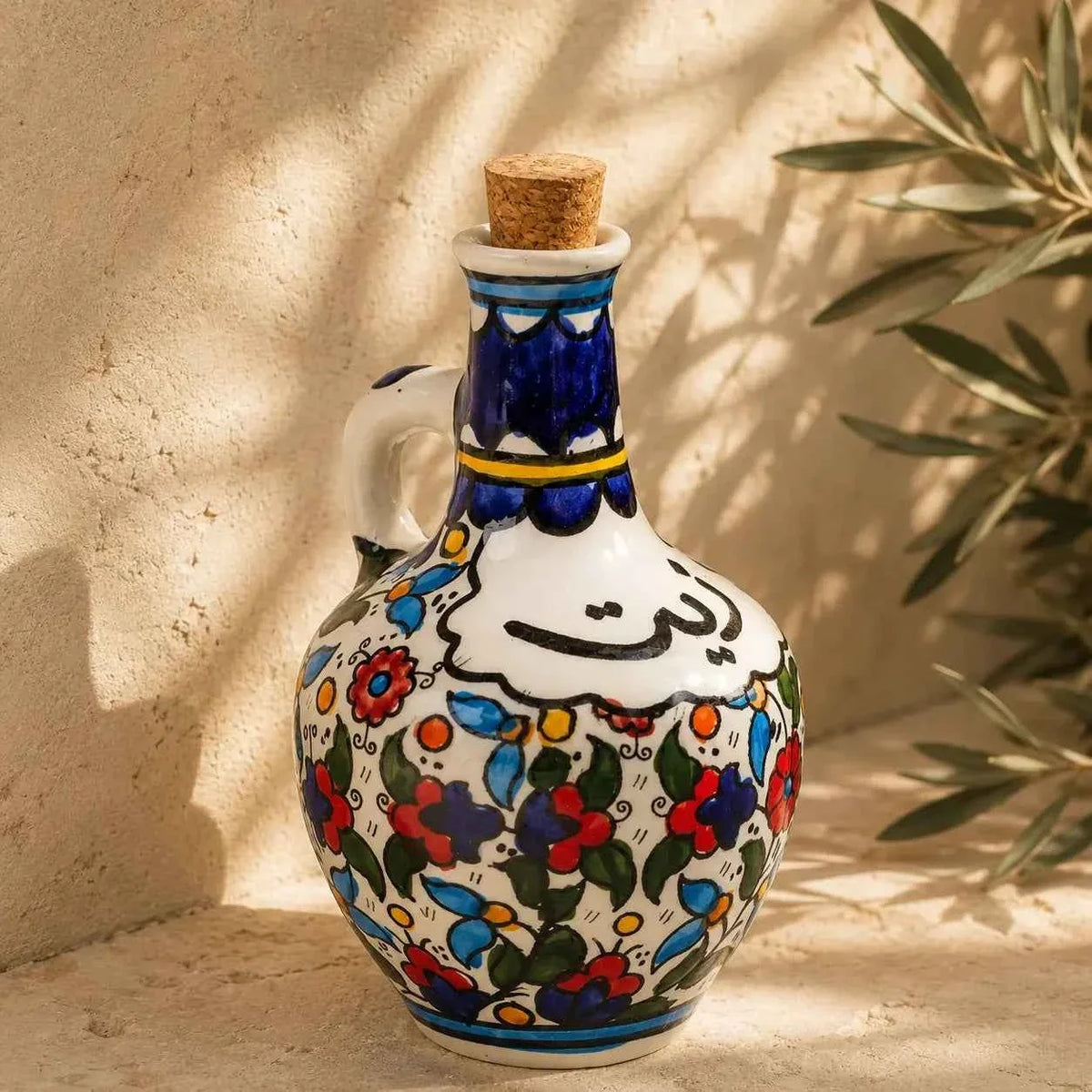 Handmade Ceramic Olive Oil Jug / Oil Dispenser – Zatoun, Olive Tree & Colorful 4.5 × 8 in