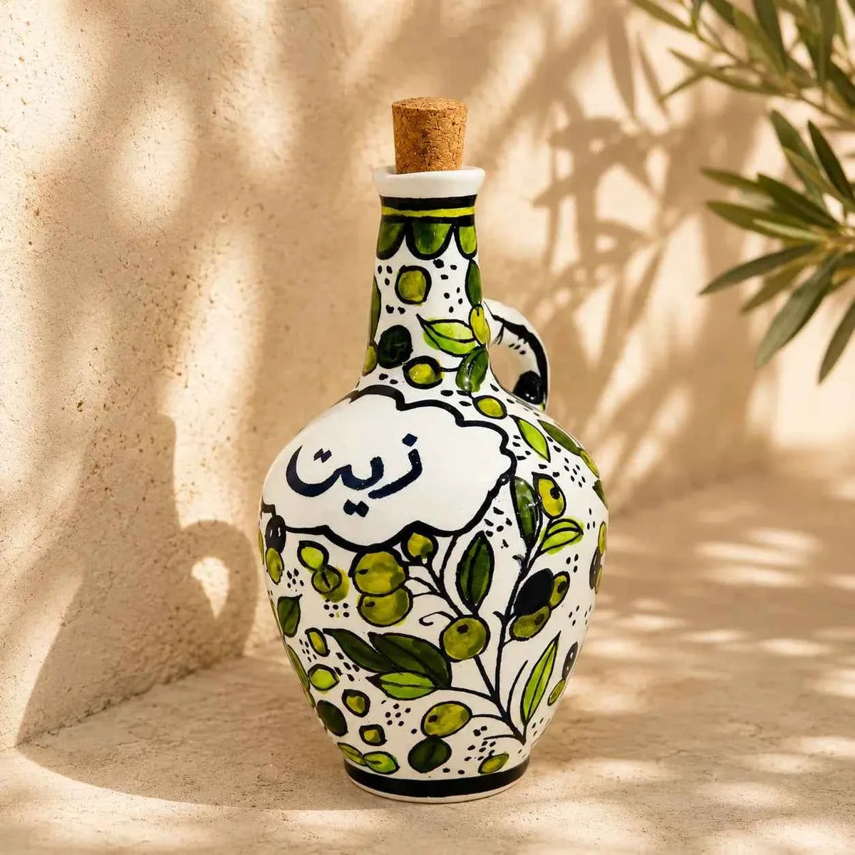 Handmade Ceramic Olive Oil Jug / Oil Dispenser – Zatoun, Olive Tree & Colorful 4.5 × 8 in