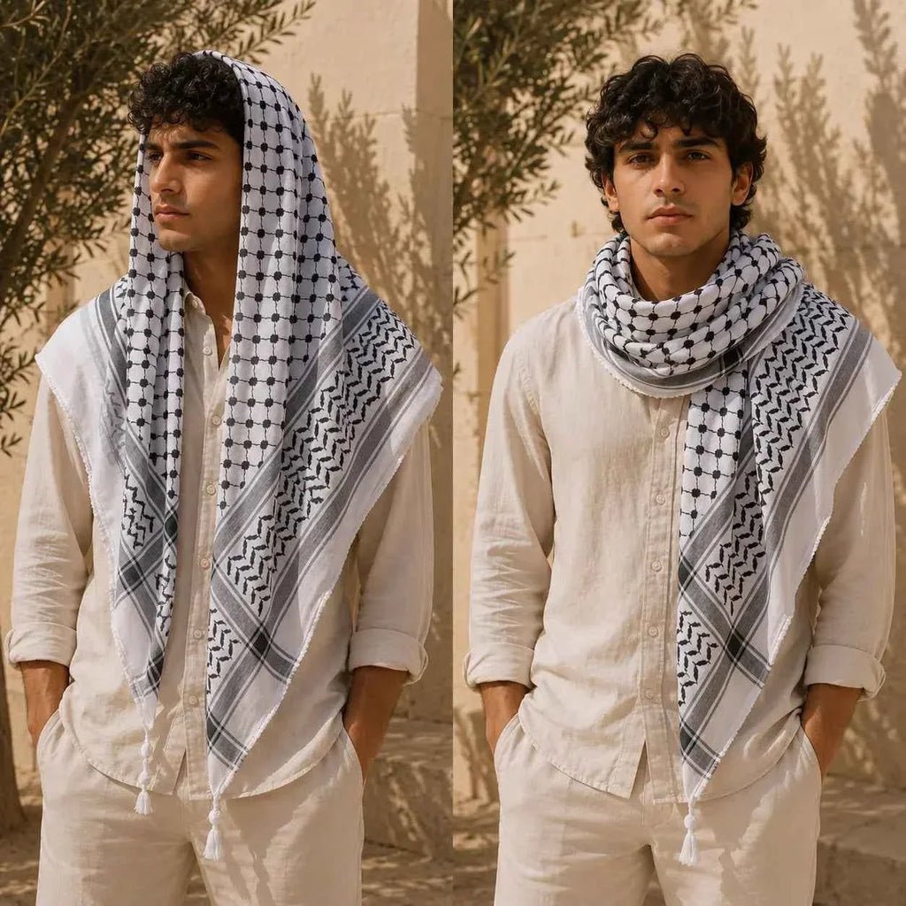 Classic Palestinian Keffiyeh Scarf – Keffiyeh - Original Black and White kufiyah- Al-Thawra