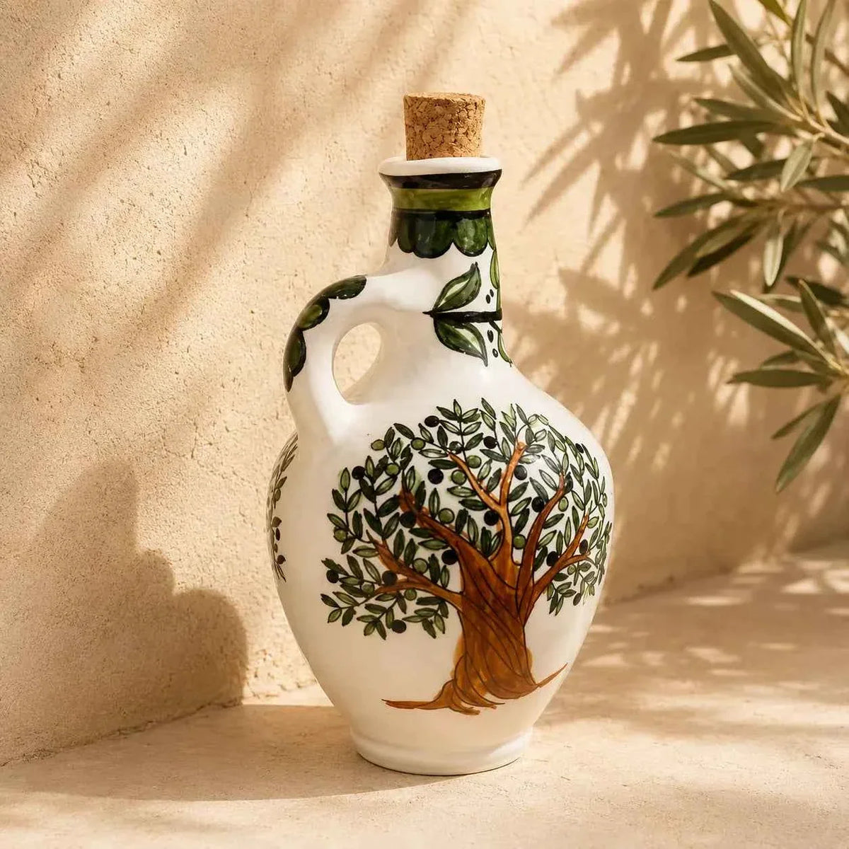Handmade Ceramic Olive Oil Jug / Oil Dispenser – Zatoun, Olive Tree & Colorful 4.5 × 8 in