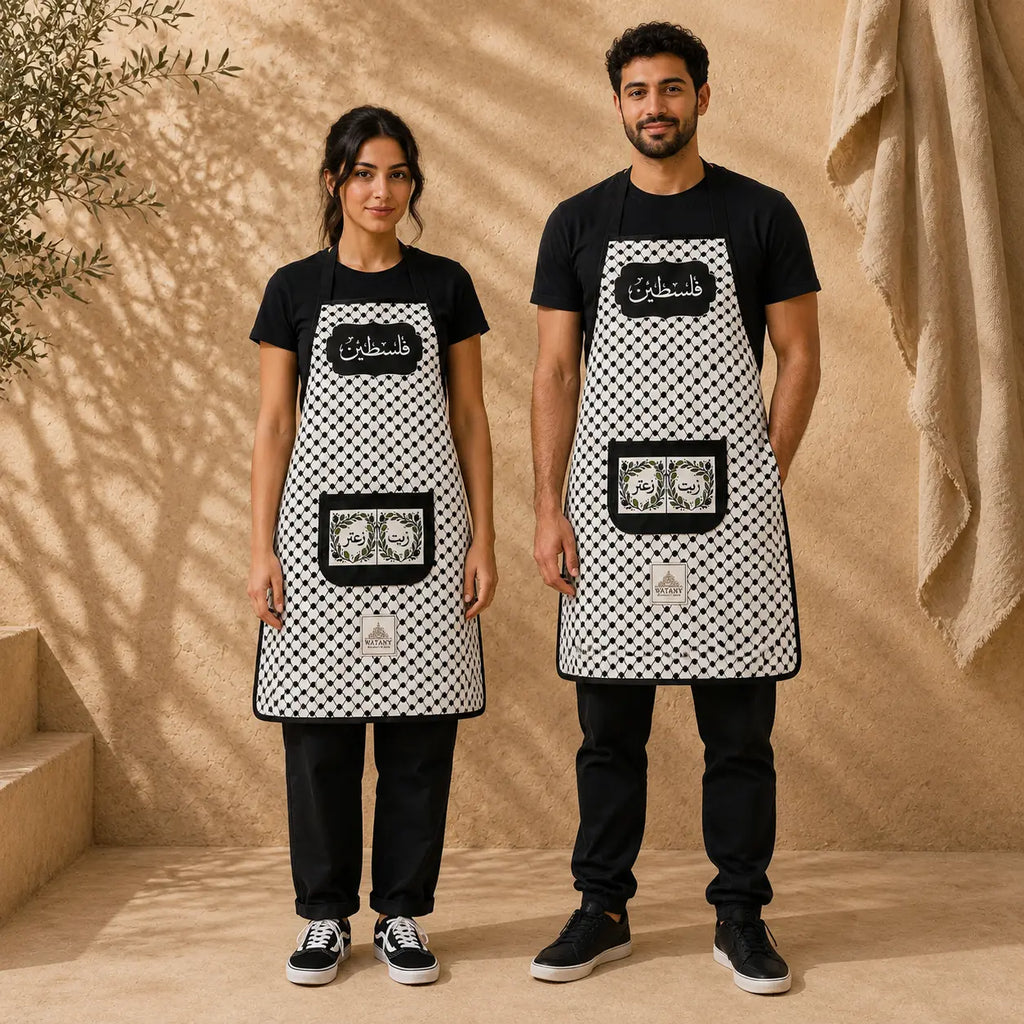 Palestinian Keffiyeh Cooking Apron – Olive Oil & Za'atar Pocket - Large
