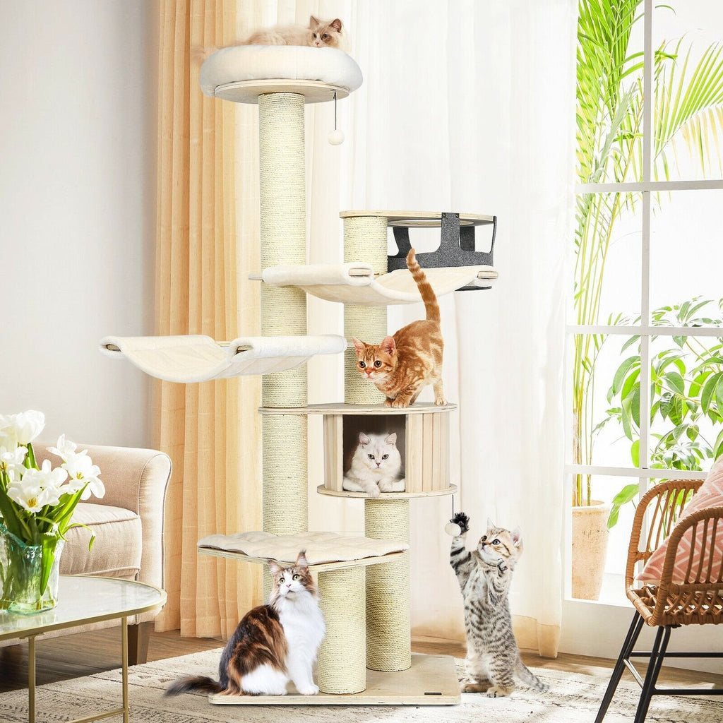 木製キャットハウス、2つのハンモック、6インチポール付き77.5インチキャットツリー