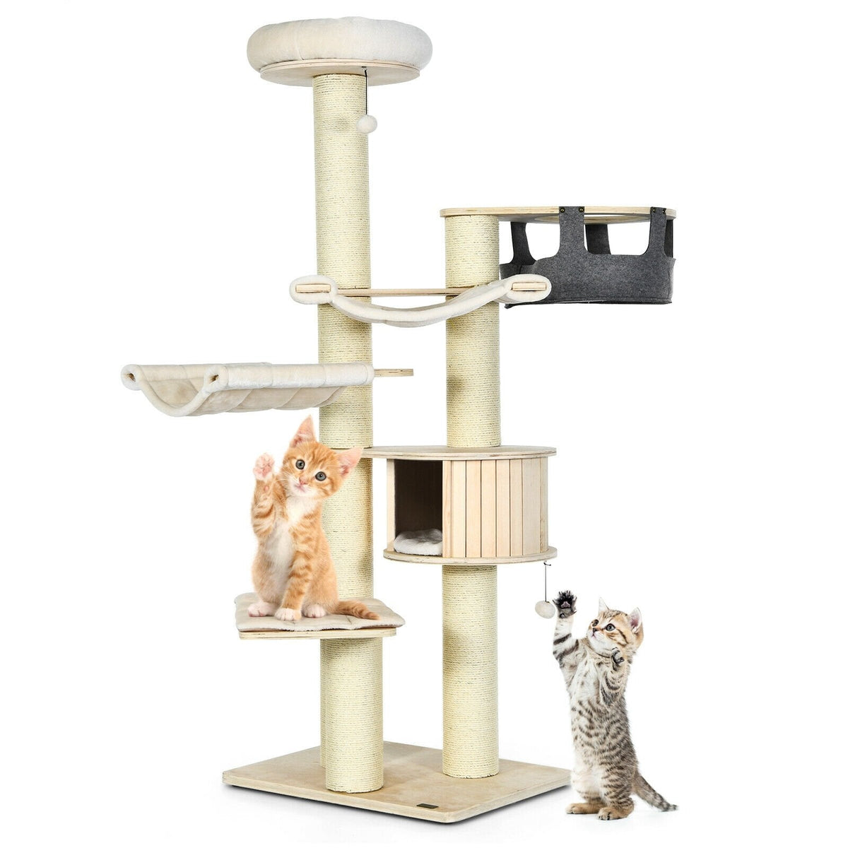 木製キャットハウス、2つのハンモック、6インチポール付き77.5インチキャットツリー