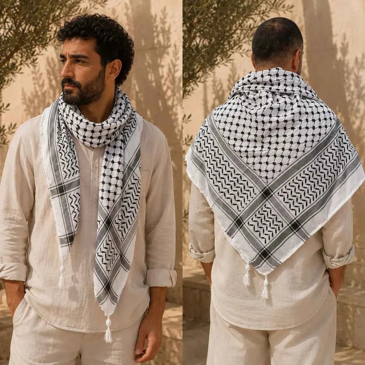 Classic Palestinian Keffiyeh Scarf – Keffiyeh - Original Black and White kufiyah- Al-Thawra