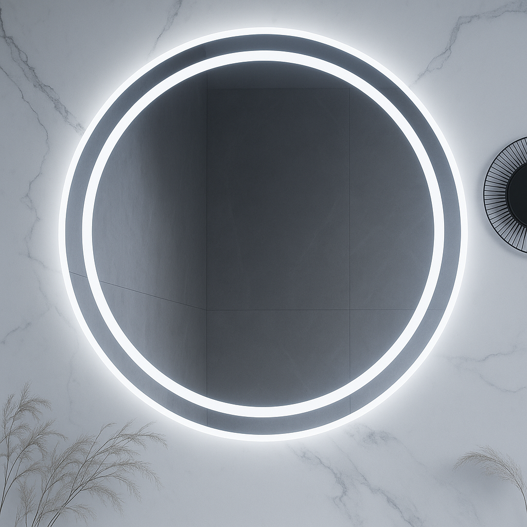 Ondelle Runder LED-Badezimmerspiegel – Frontbeleuchteter Ring + hinterleuchteter Halo, Antibeschlag, dimmbar | 24″, 28″, 32″