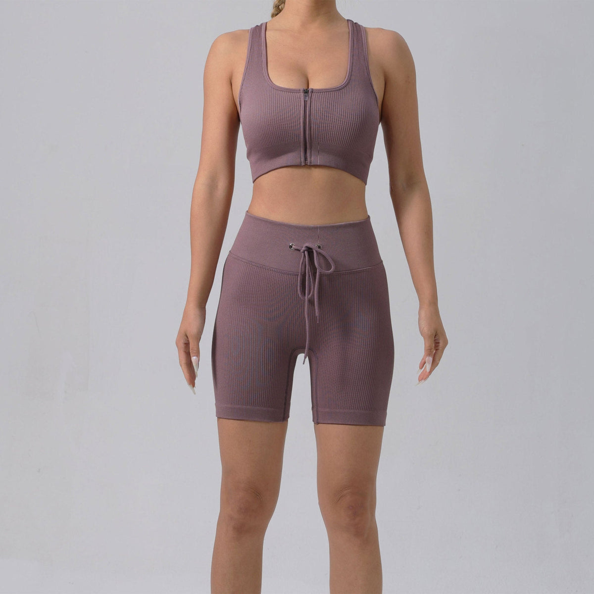 Gepolstertes Lauf-BH- & Yoga-Outfit-Set – Schnelltrocknende gerippte Sportbekleidung für Damen