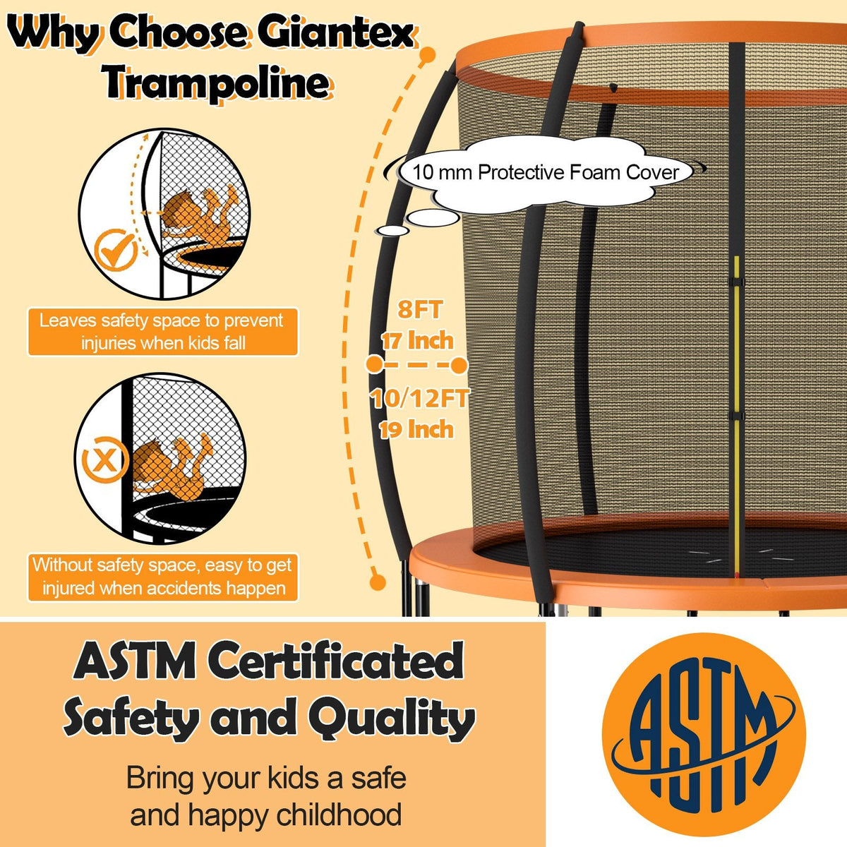 Trampolín recreativo de 8 pies aprobado por ASTM con escalera - Naranja