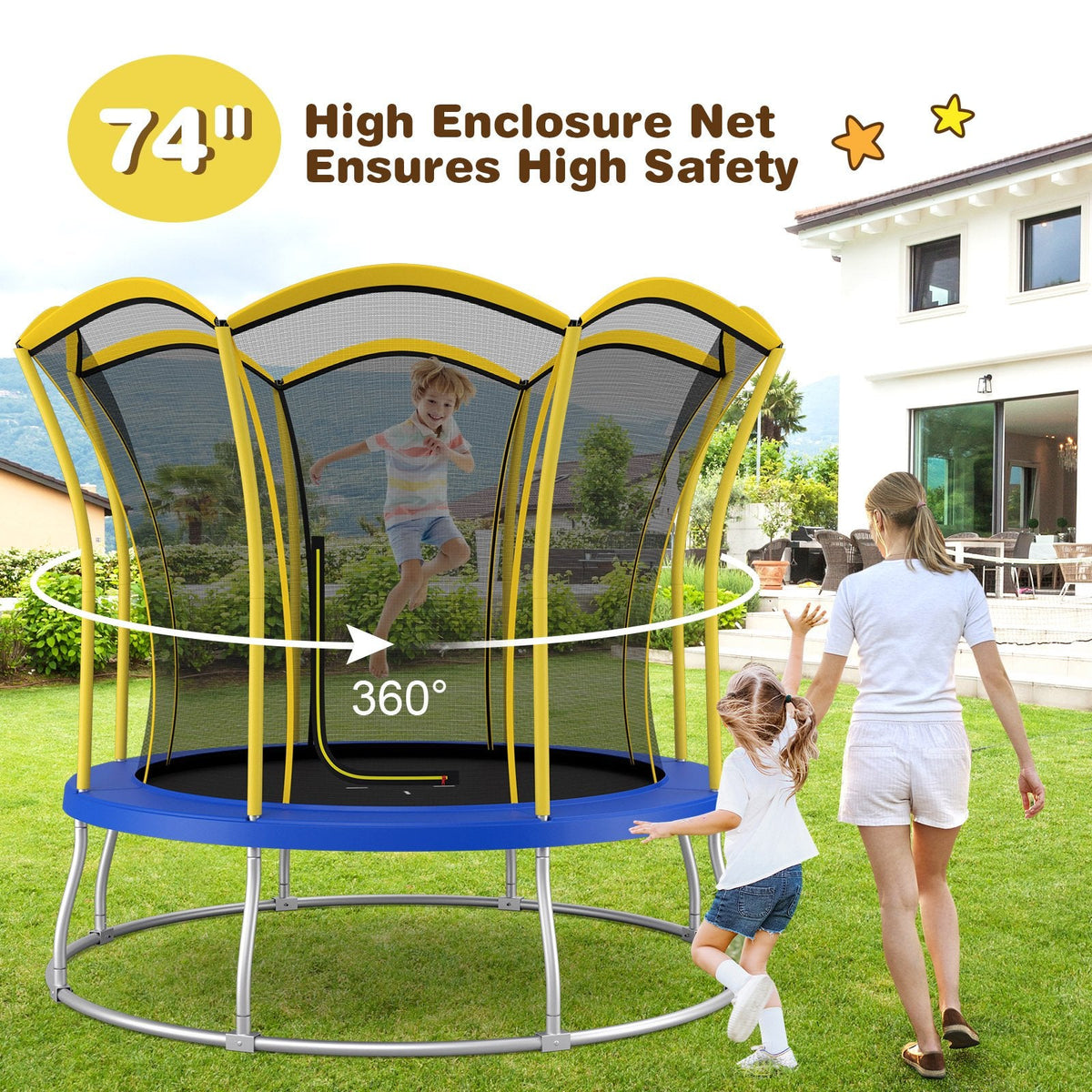 Trampoline d'extérieur rond de 2,4 m en forme de fleur avec filet de protection – Jaune