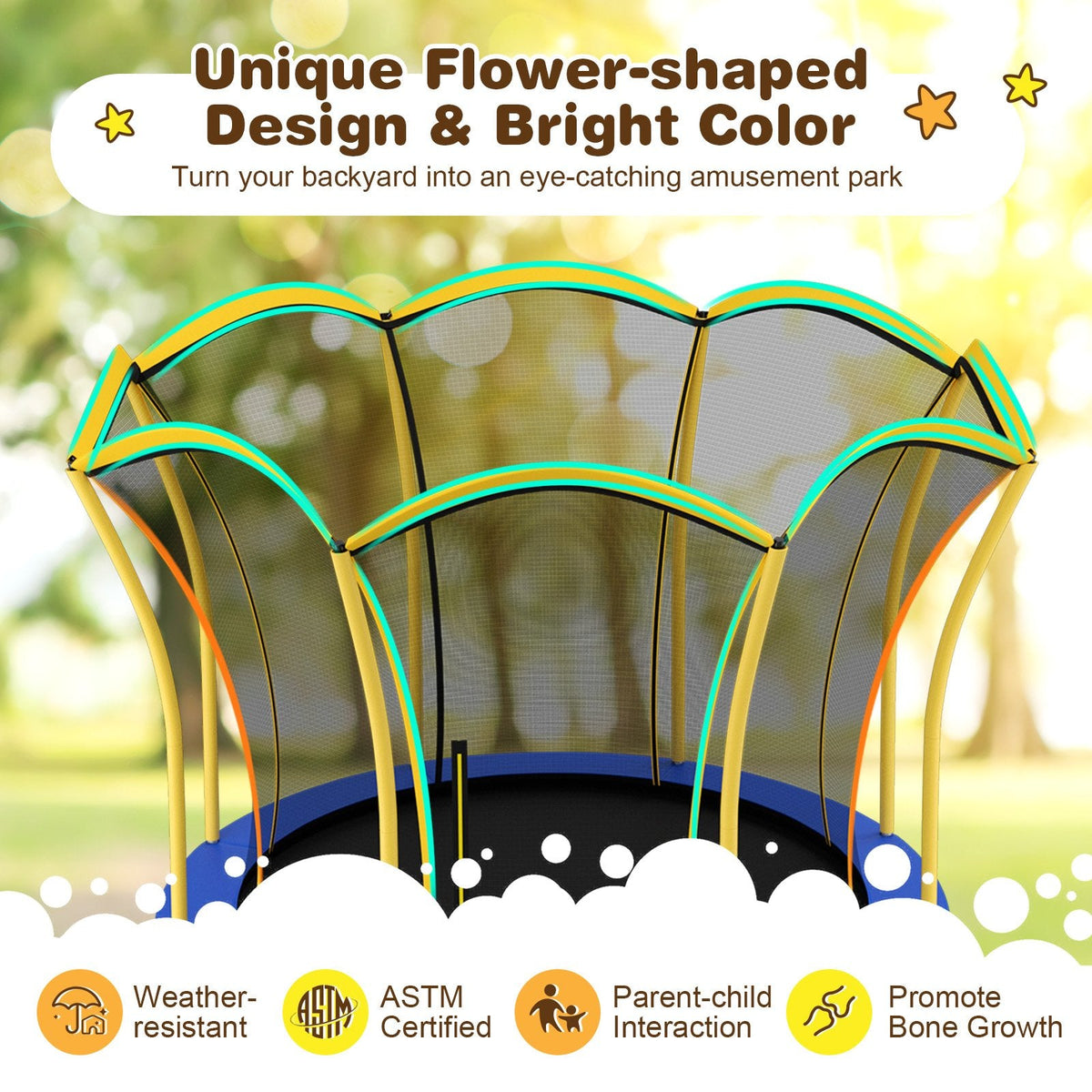 Trampoline d'extérieur rond de 2,4 m en forme de fleur avec filet de protection – Jaune