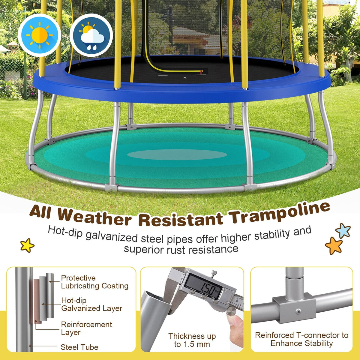 Trampoline d'extérieur rond de 2,4 m en forme de fleur avec filet de protection – Jaune