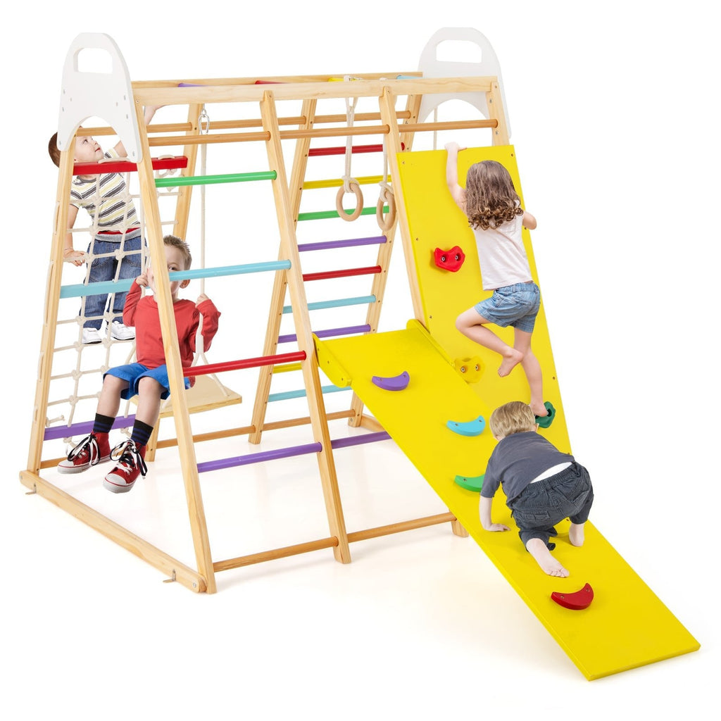 Parque infantil de madera 8 en 1 para la jungla con tobogán y pasamanos - Multicolor