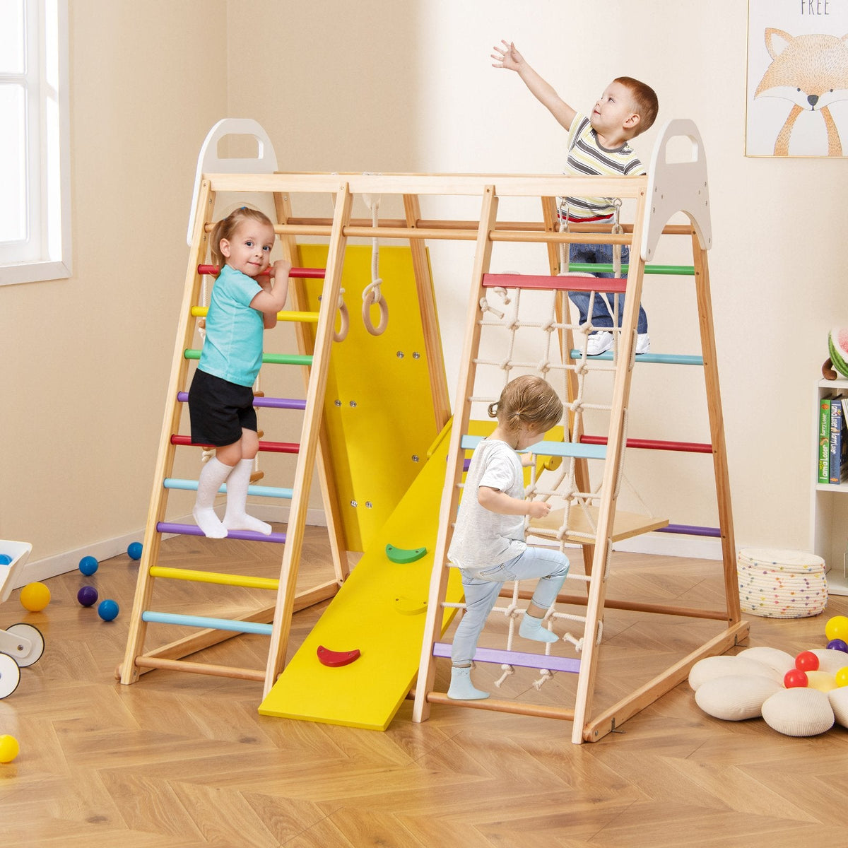 Parque infantil de madera 8 en 1 para la jungla con tobogán y pasamanos - Multicolor