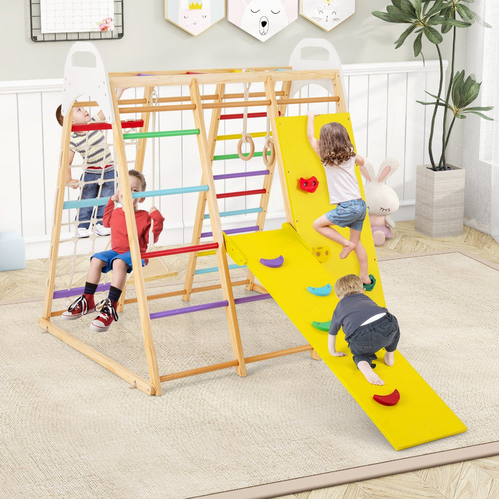 Parque infantil de madera 8 en 1 para la jungla con tobogán y pasamanos - Multicolor