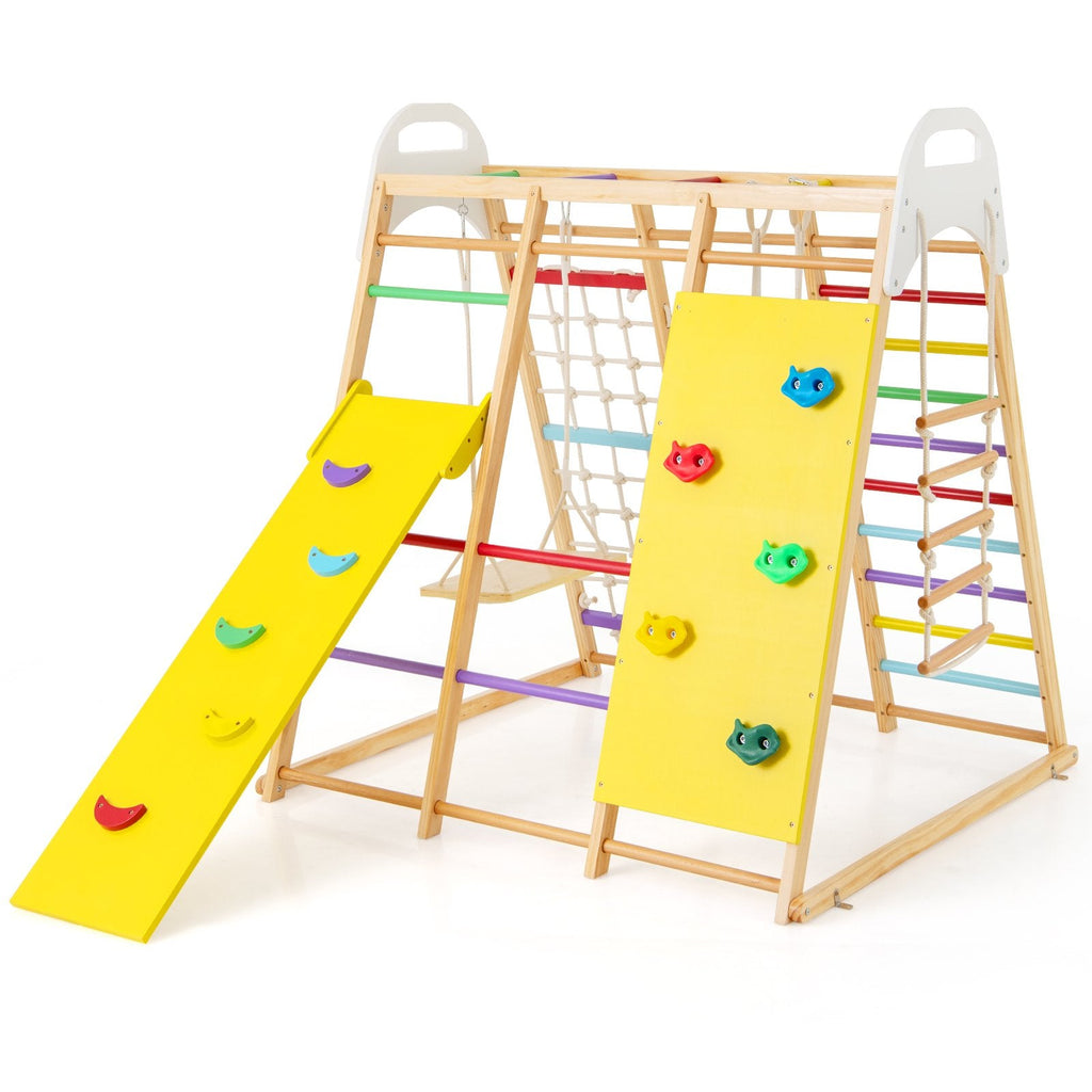 Parque infantil de madera 8 en 1 para la jungla con tobogán y pasamanos - Multicolor