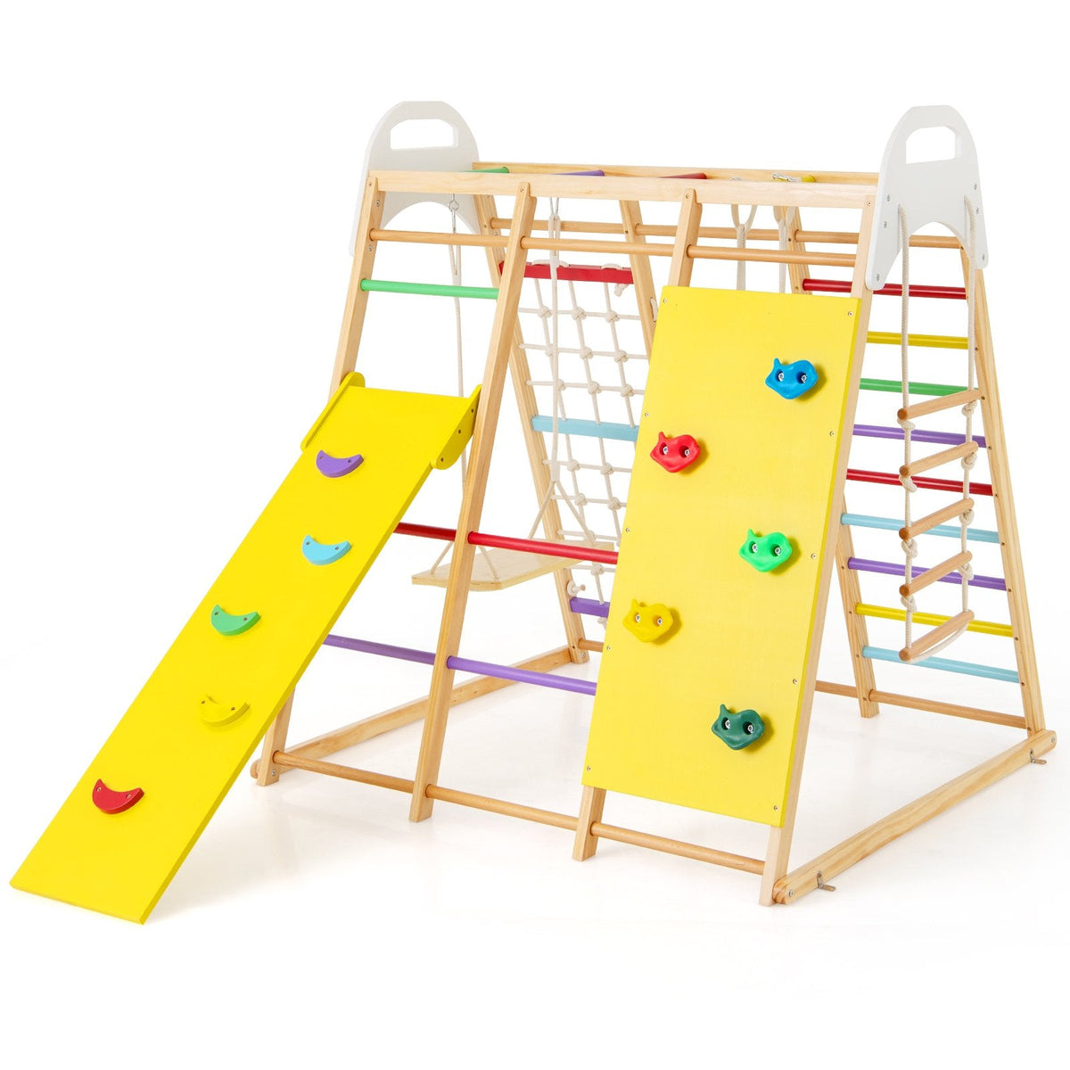 Parque infantil de madera 8 en 1 para la jungla con tobogán y pasamanos - Multicolor
