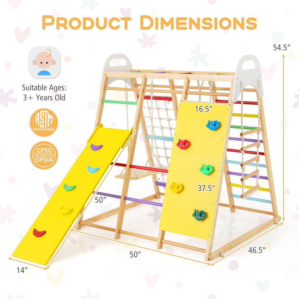 Parque infantil de madera 8 en 1 para la jungla con tobogán y pasamanos - Multicolor
