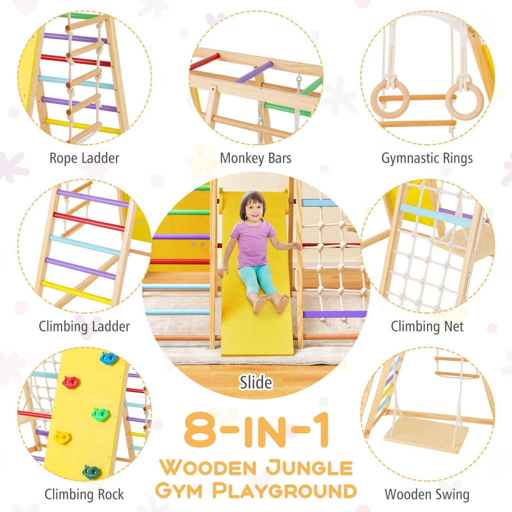 Parque infantil de madera 8 en 1 para la jungla con tobogán y pasamanos - Multicolor