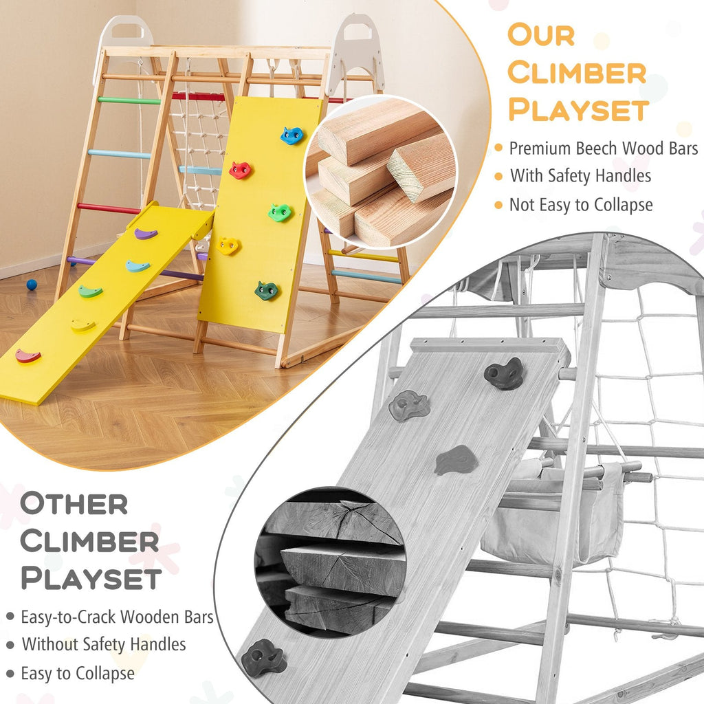 Parque infantil de madera 8 en 1 para la jungla con tobogán y pasamanos - Multicolor