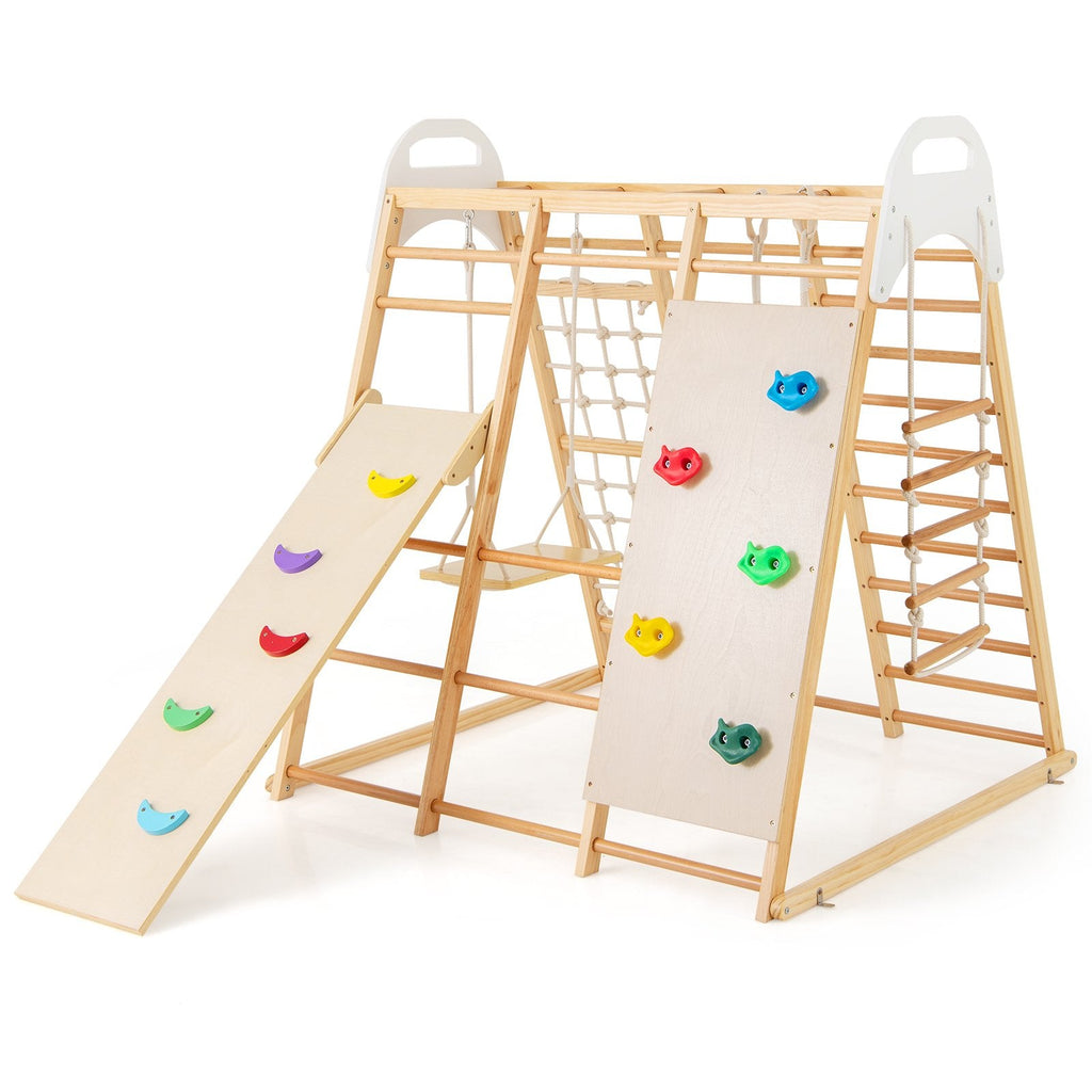 Parque infantil de madera 8 en 1 con tobogán y pasamanos - Natural