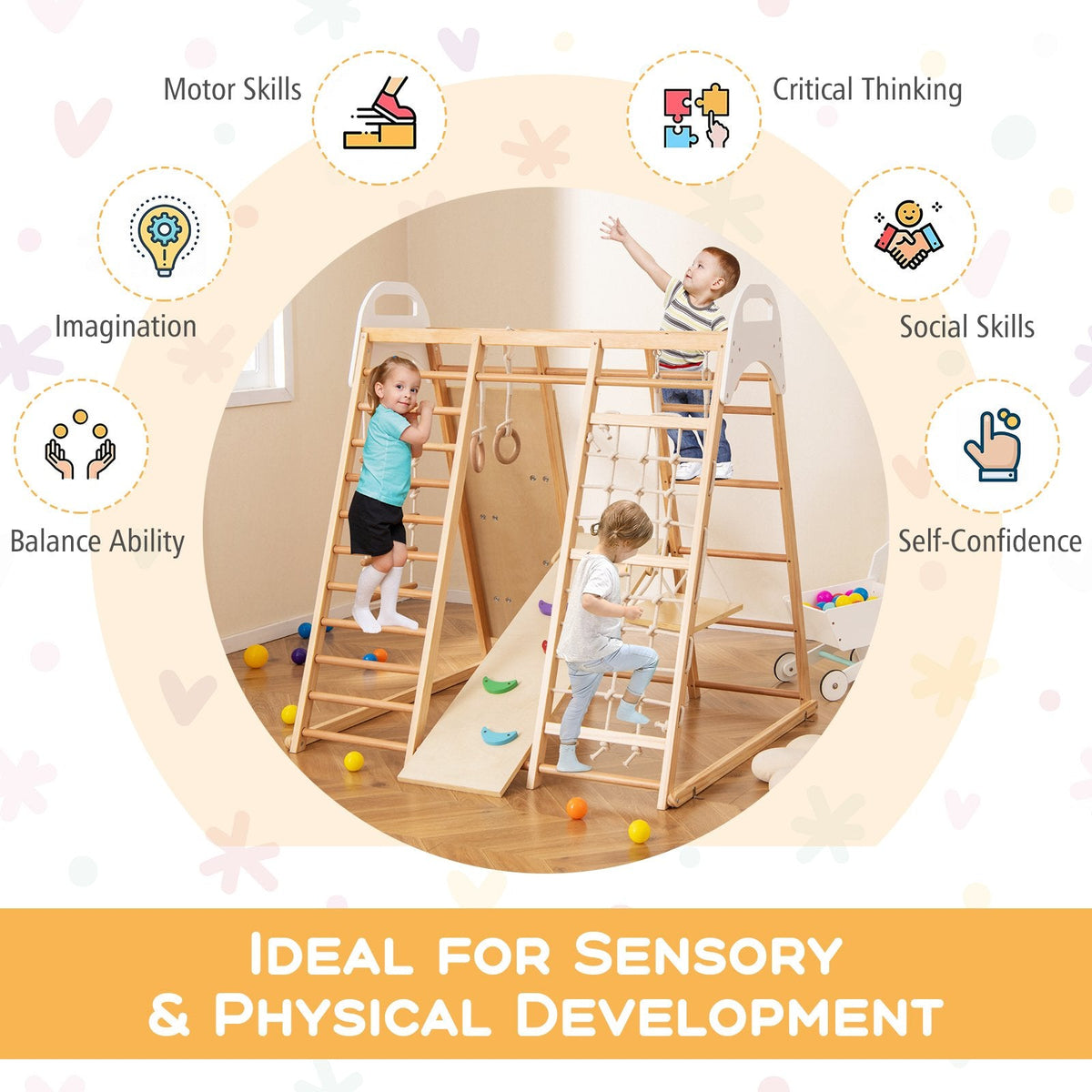 Parque infantil de madera 8 en 1 con tobogán y pasamanos - Natural