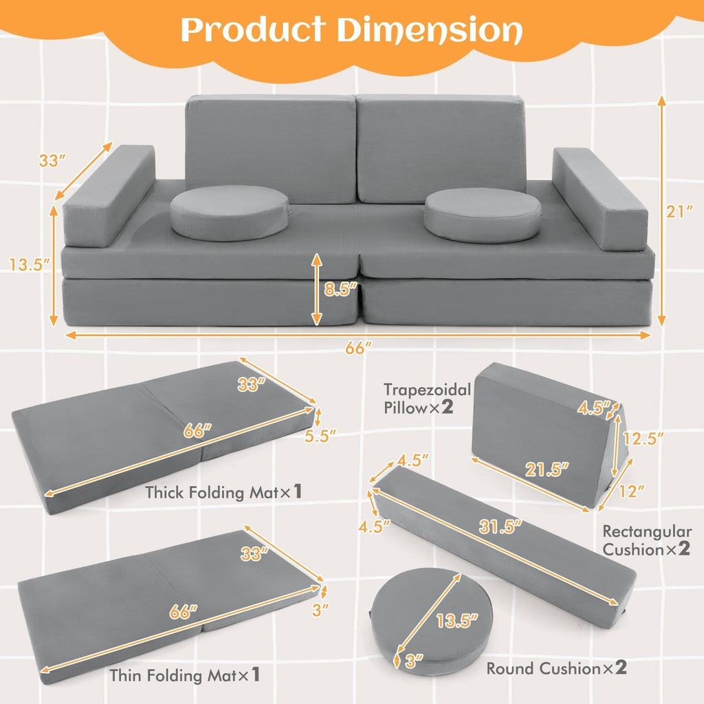 8-Piece Kids Play Couch Sofa with Portable Handle-Gray