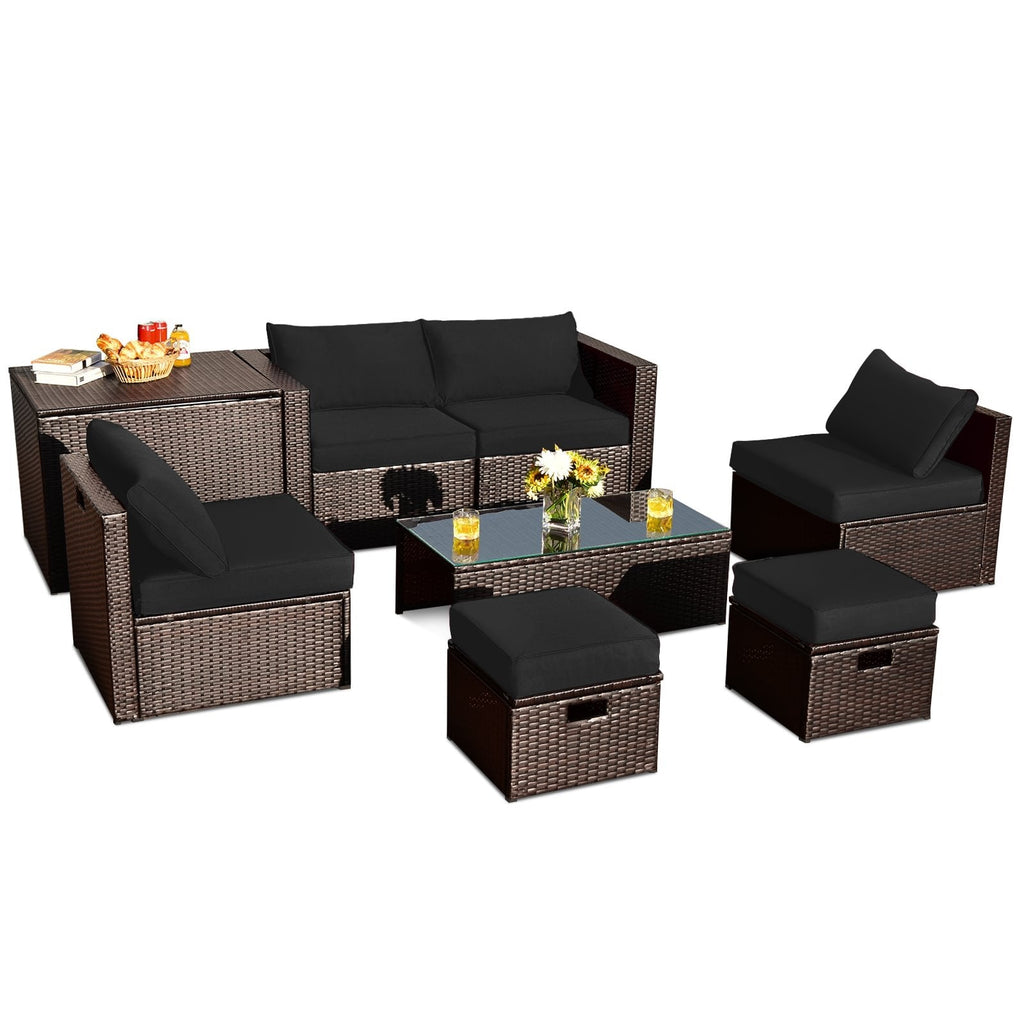 8 Piece Brown Rattan Patio Set with Storage Box, Ottomans and Cover, Black