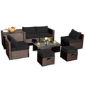 8 Piece Brown Rattan Patio Set with Storage Box, Ottomans and Cover, Black