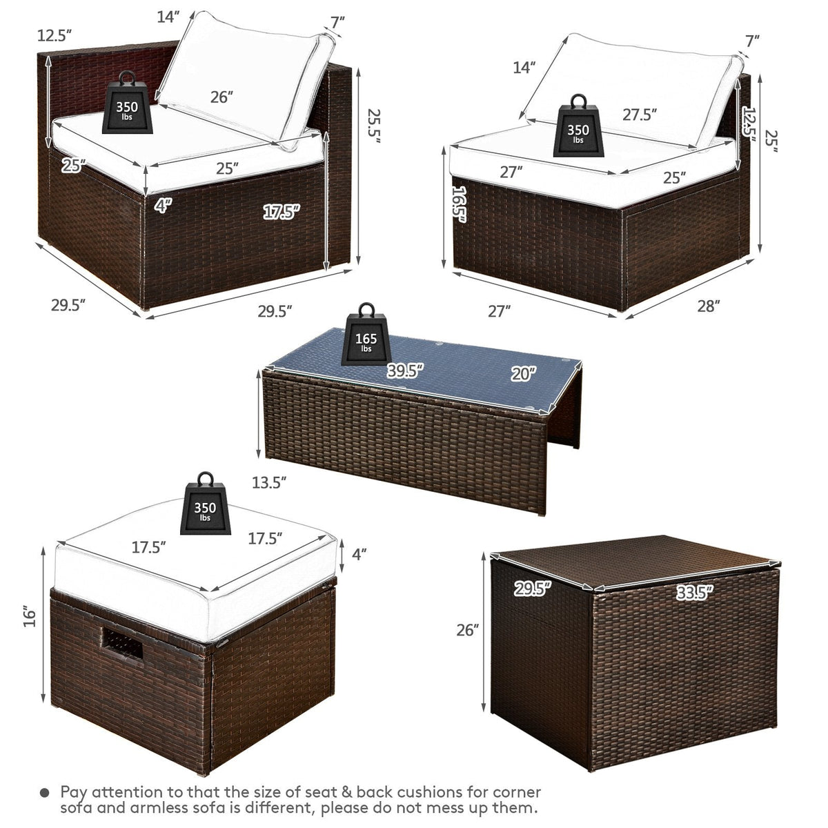 8 Piece Brown Rattan Patio Set with Storage Box, Ottomans and Cover, Black