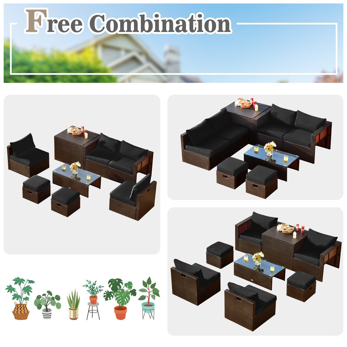 8 Piece Brown Rattan Patio Set with Storage Box, Ottomans and Cover, Black