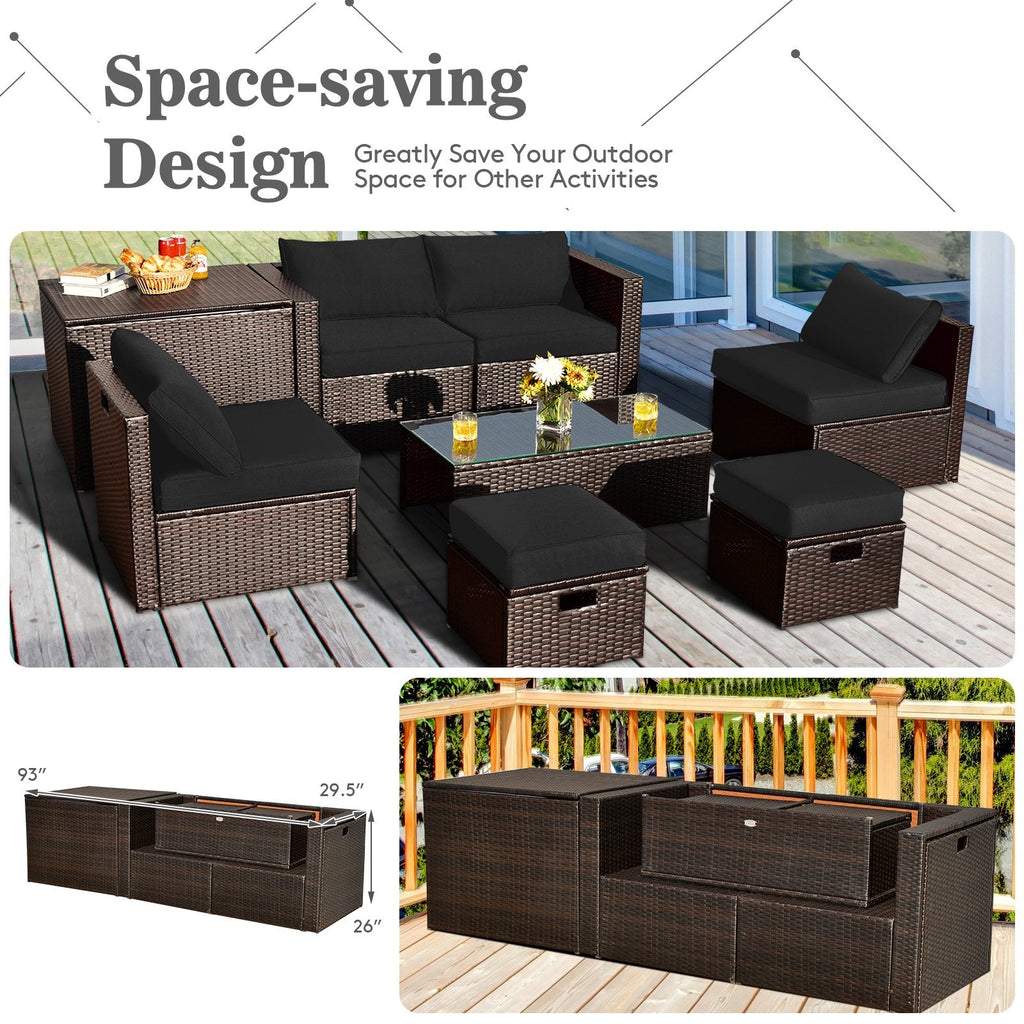 8 Piece Brown Rattan Patio Set with Storage Box, Ottomans and Cover, Black