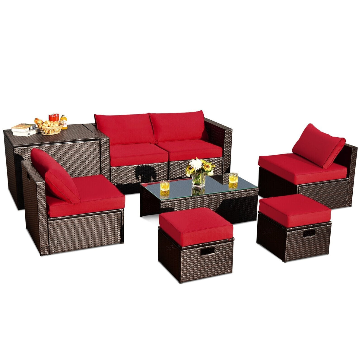 Ensemble de patio 8 pièces en rotin brun avec coffre de rangement, poufs et housse, rouge