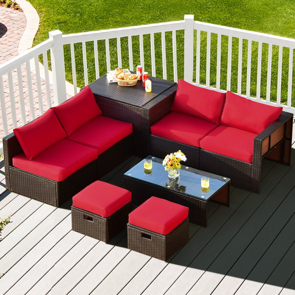 Ensemble de patio 8 pièces en rotin brun avec coffre de rangement, poufs et housse, rouge