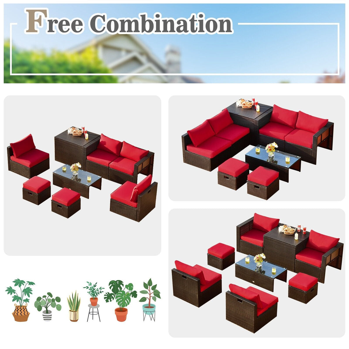 Ensemble de patio 8 pièces en rotin brun avec coffre de rangement, poufs et housse, rouge