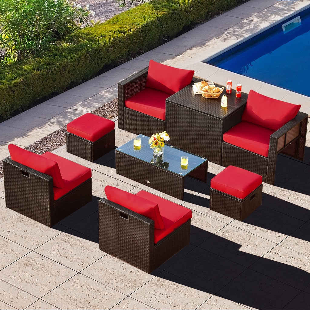 Ensemble de patio 8 pièces en rotin brun avec coffre de rangement, poufs et housse, rouge