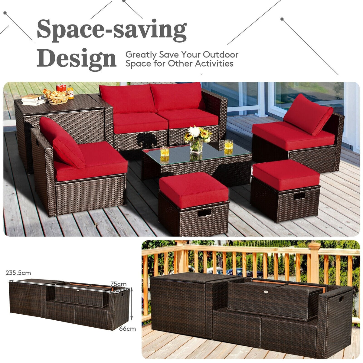Ensemble de patio 8 pièces en rotin brun avec coffre de rangement, poufs et housse, rouge