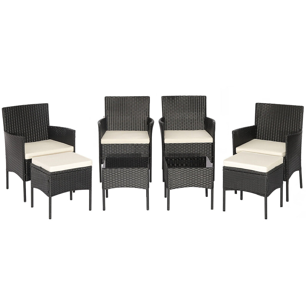 8-teiliges schwarzes Korb-Gartenmöbel-Set mit 4 Stühlen, 2 Hockern und 2 Glastischen, cremeweiß