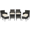8-teiliges schwarzes Korb-Gartenmöbel-Set mit 4 Stühlen, 2 Hockern und 2 Glastischen, cremeweiß