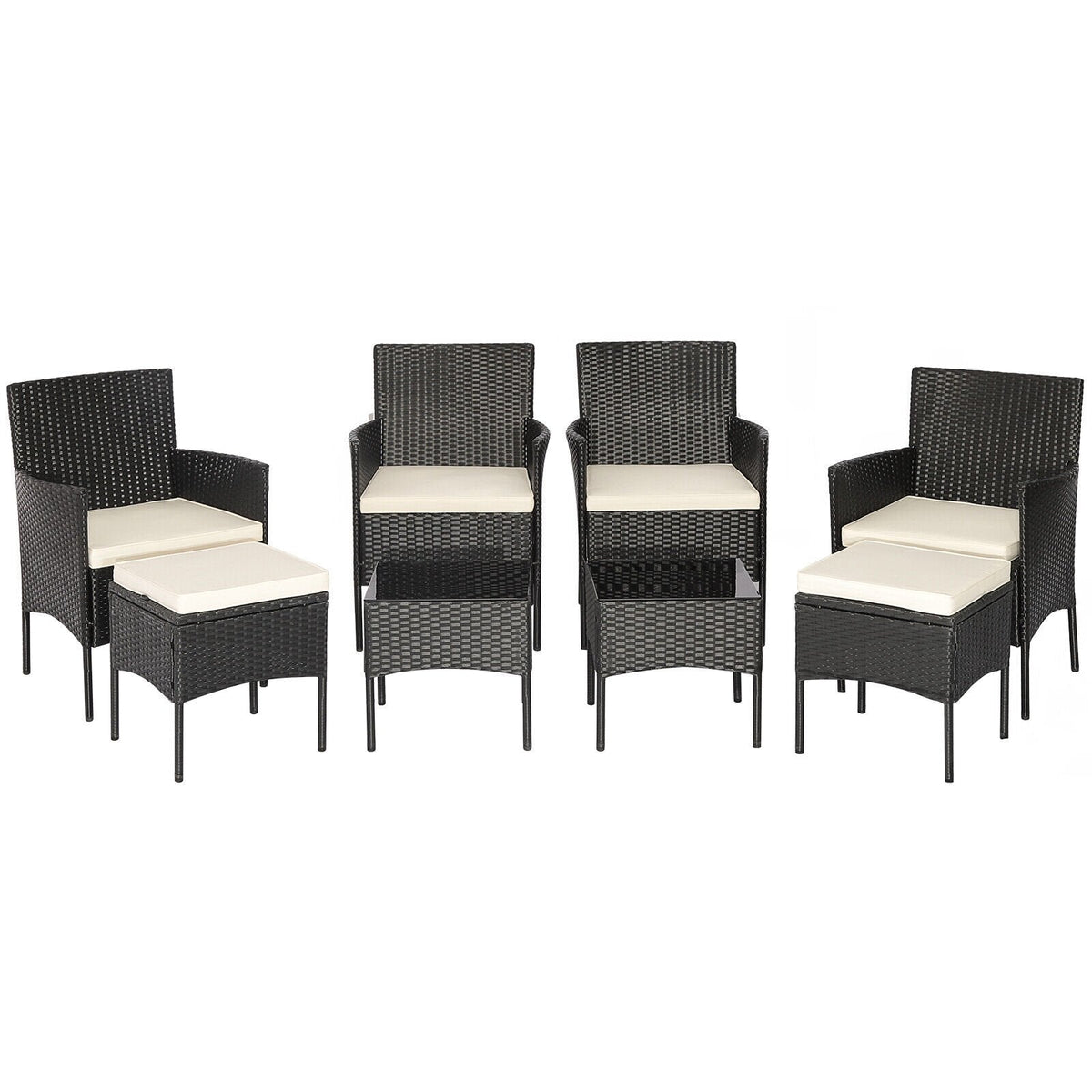 8-teiliges schwarzes Korb-Gartenmöbel-Set mit 4 Stühlen, 2 Hockern und 2 Glastischen, cremeweiß