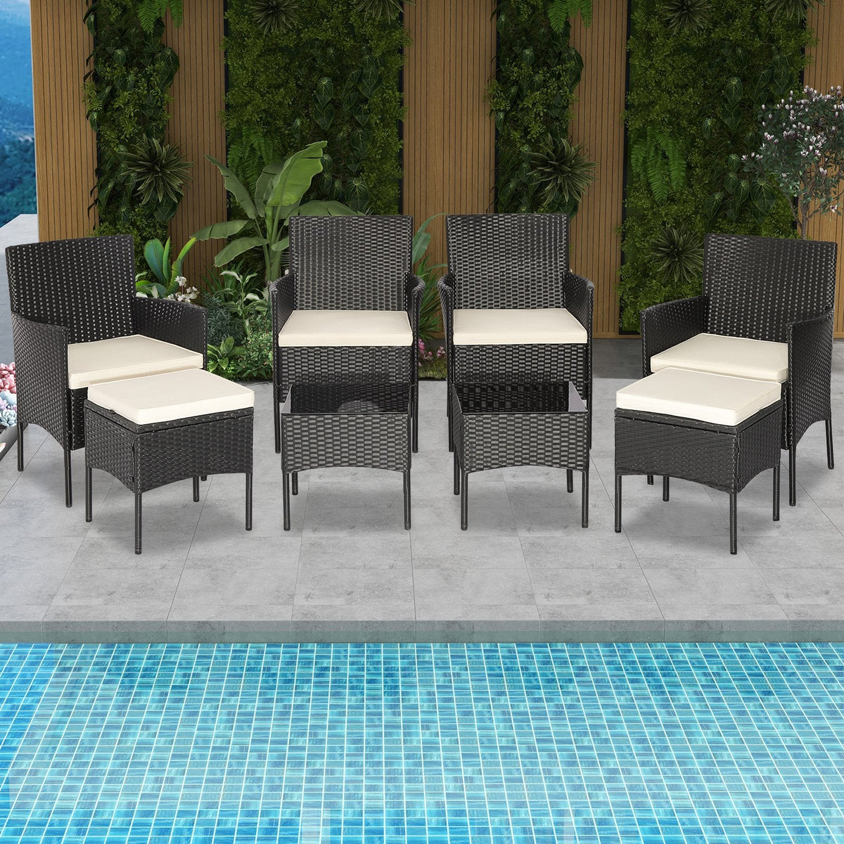 8-teiliges schwarzes Korb-Gartenmöbel-Set mit 4 Stühlen, 2 Hockern und 2 Glastischen, cremeweiß